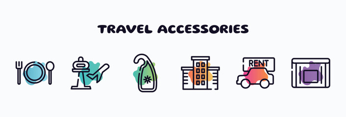 travel accessories outline icons set. thin line icons such as plate with fork and knife cross, airport, hang, hotel, rent a car, sick bag icon collection. can be used web and mobile. - obrazy, fototapety, plakaty