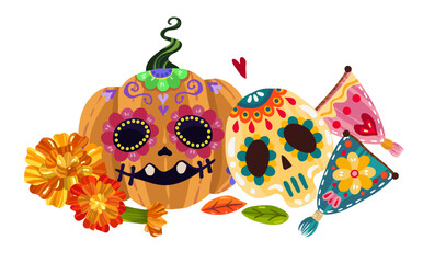 Mexican holiday. Die de los muertos. The day of the Dead. Vector illustration, festival, handmade, banner and card, print on t-shirt