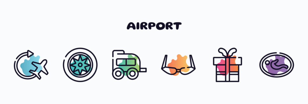 airport outline icons set. thin line icons such as airplane, car parts, two window carriage, old fashion glasses, birthday gift, nursing room icon collection. can be used web and mobile.