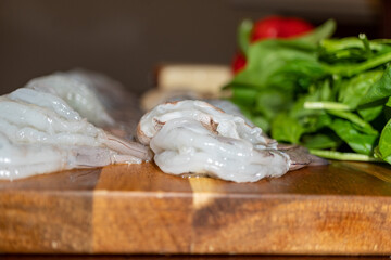 Mise en Place on a Wooden Cutting Board - Shrimp, Scallops, Tomatoes, Spinach, Red Bell Pepper, Fontina Cheese, and Grits 