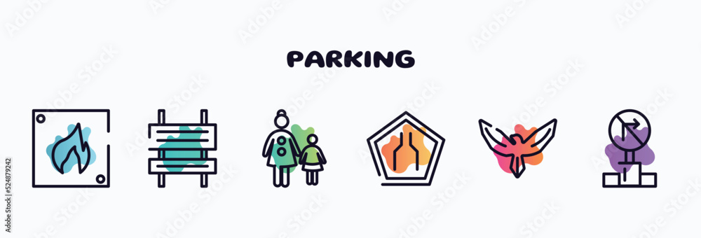 Poster parking outline icons set. thin line icons such as fire triangular, rectangle and arrow, mother and 