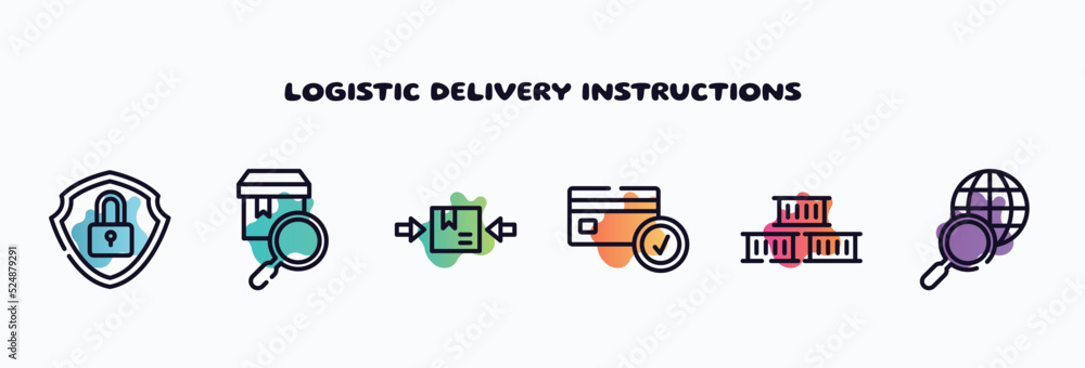 Poster logistic delivery instructions outline icons set. thin line icons such as security, checking, use cl