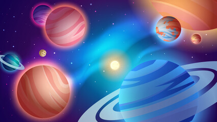 Space background. Colorful cartoon planets and deep space. Vector Illustration.