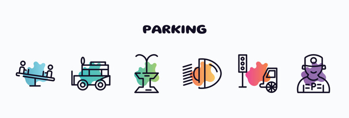 parking outline icons set. thin line icons such as children on teeter totter, ney, public fountain, car light, car traffic, parking worker icon collection. can be used web and mobile.