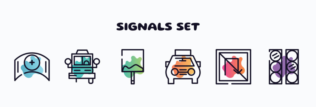 signals set outline icons set. thin line icons such as nursing, bus front with driver, uneven, solar taxi, no turn, semaphore lights icon collection. can be used web and mobile.