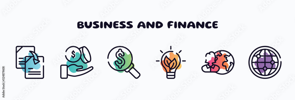 Poster business and finance outline icons set. thin line icons such as duplicate content, dollar coins and 
