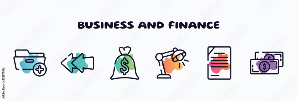 Poster business and finance outline icons set. thin line icons such as folder with plus, two left arrows, b