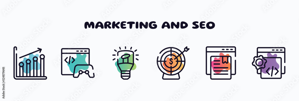 Aufkleber marketing and seo outline icons set. thin line icons such as seo performance, game developing, light