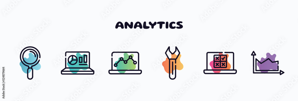 Poster analytics outline icons set. thin line icons such as magnifier tool, statistics on screen, graph not