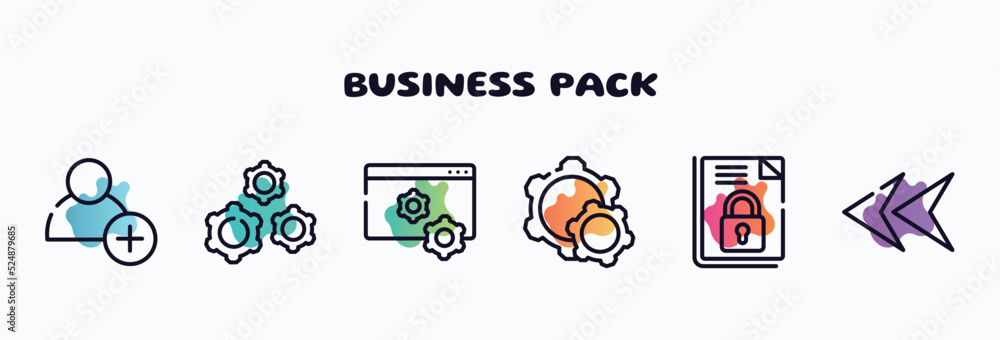 Poster business pack outline icons set. thin line icons such as hire, wheel with cogs, web management, conf