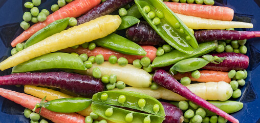 A narrow close up view of colourful fresh peas and rainbow carrots.