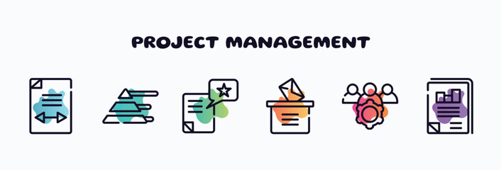 project management outline icons set. thin line icons such as gap, pyramid stats, wish, manual voting, team management, business journal icon collection. can be used web and mobile.