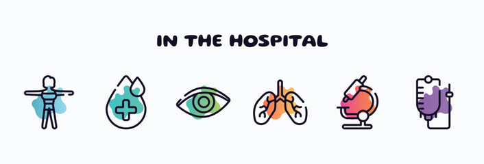 in the hospital outline icons set. thin line icons such as female body, drop with hospital, eye closeup, lungs organ, microscope tool, drip bag icon collection. can be used web and mobile.