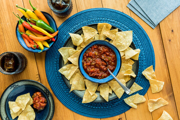 A colourful display of authentic Mexican tortilla chips and gourmet salsa.