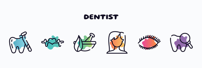 Obraz premium dentist outline icons set. thin line icons such as tooth with a dentist tool, pulse, natural herbs and a mortar for healing, brunette female woman long hair, eye with lashes, zoom on tooth icon