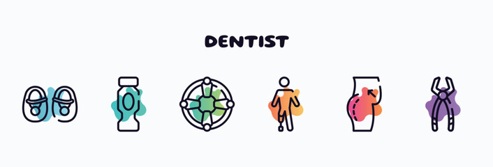 Fototapeta premium dentist outline icons set. thin line icons such as baby shoes, hydratation, life saver, prosthetic, butt, tooth pliers icon collection. can be used web and mobile.