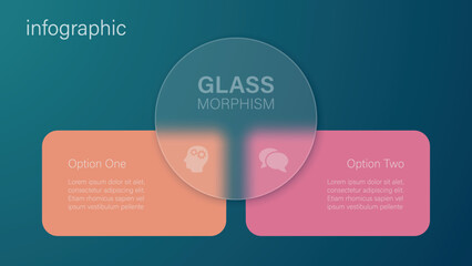 Infographic for 2 options, vector gradient design with realistic frosted glass, glassmorphism effect