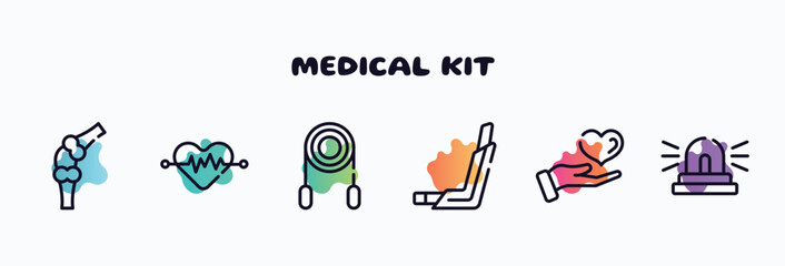 medical kit outline icons set. thin line icons such as knee, cardiology, jumping rope, inhalator, medical care, ambulance lights icon collection. can be used web and mobile.