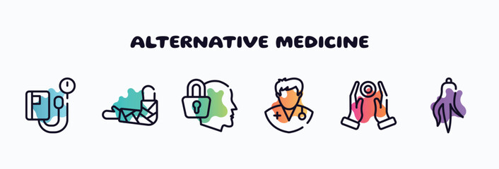 alternative medicine outline icons set. thin line icons such as sphygmomanometer, broken hand, secret, doctors, reiki, ginseng icon collection. can be used web and mobile.