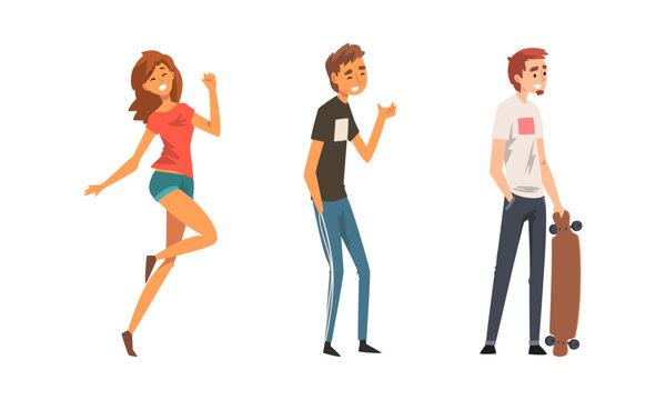 Walking people set. Young people in casual clothes performing various outdoor activities cartoon vector illustration