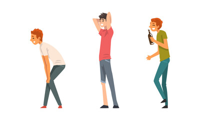 Walking people set. Young people in casual clothes walking outdoors cartoon vector illustration