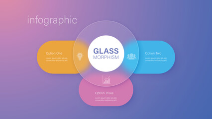 Infographic for 3 options, vector gradient design with realistic frosted glass, glassmorphism effect