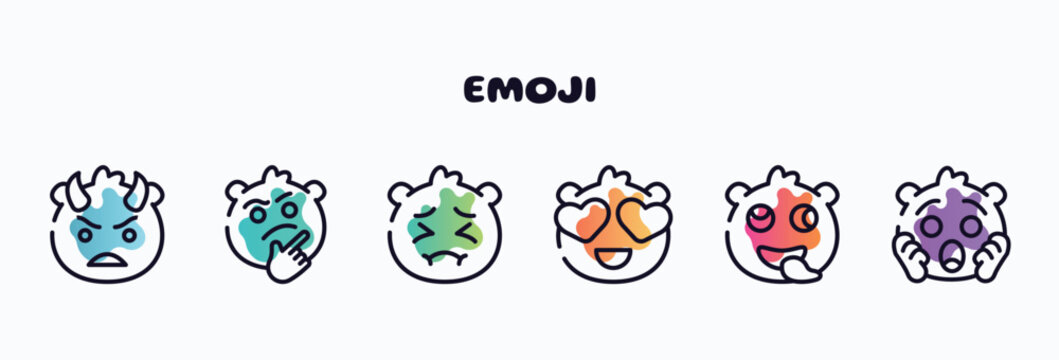 emoji outline icons set. thin line icons such as angry with horns emoji, curious emoji, pensive in love stupid shocked icon collection. can be used web and mobile.