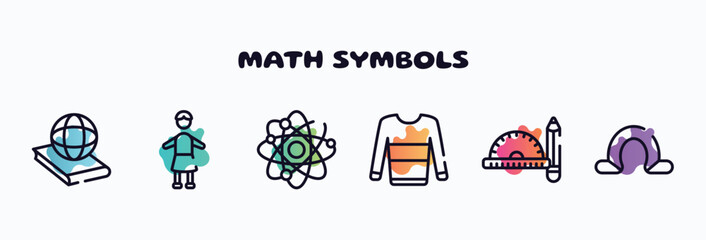 math symbols outline icons set. thin line icons such as politics, headmistress, neutrons, sweatshirt, drawing tools, omega icon collection. can be used web and mobile. - obrazy, fototapety, plakaty