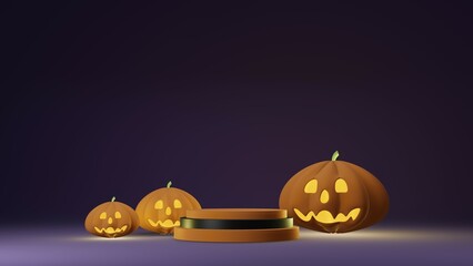 Happy Halloween purple background 3d render podium black and orange. three pumpkins