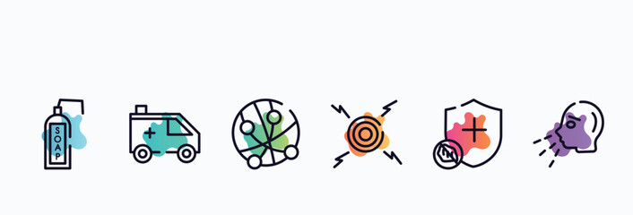 outline icons set. thin line icons such as liquid soap, ambulance, , pain, immune, sneezing icon collection. can be used web and