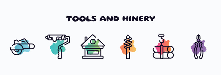 tools and hinery outline icons set. thin line icons such as electric saw, brush for painting, lodge, drill tip, tubes hook, nippers icon collection. can be used web and mobile.