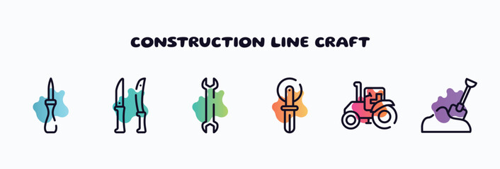 construction line craft outline icons set. thin line icons such as null, knives, big double wrench, knife for pizza, farm tractor, sand icon collection. can be used web and mobile.