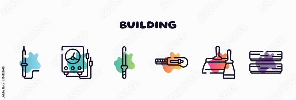 Poster building outline icons set. thin line icons such as solder, electric gauge, knife file, null, two sp