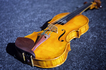 Fototapeta na wymiar Close-up of a musical instrument violin on a blue background. The concept of culture and art.