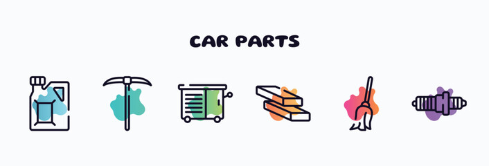 car parts outline icons set. thin line icons such as gaso, gardening digger, vise, firewood trunks stacked, cleaning mop, spark plug icon collection. can be used web and mobile.