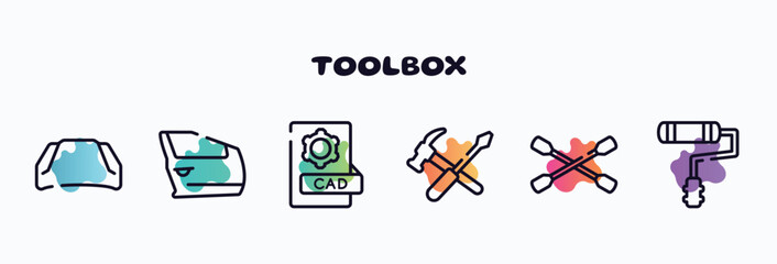 toolbox outline icons set. thin line icons such as hood, car door, cad, repair tools cross, lug wrench, painter roller icon collection. can be used web and mobile.