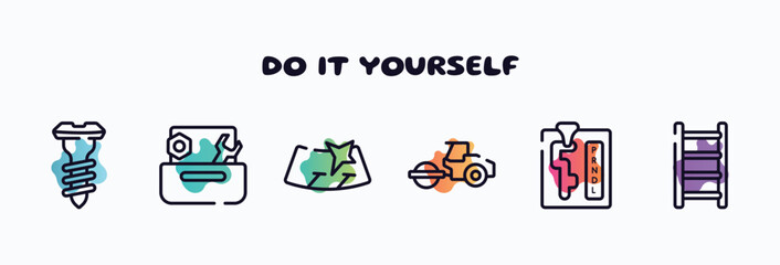 do it yourself outline icons set. thin line icons such as screw, wrench and nut, windshield, steamroller, automatic transmission, ladder icon collection. can be used web and mobile.