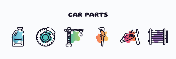 car parts outline icons set. thin line icons such as jerrycan, brake disc, lifter, adjustable spanner, headlight, condenser icon collection. can be used web and mobile.