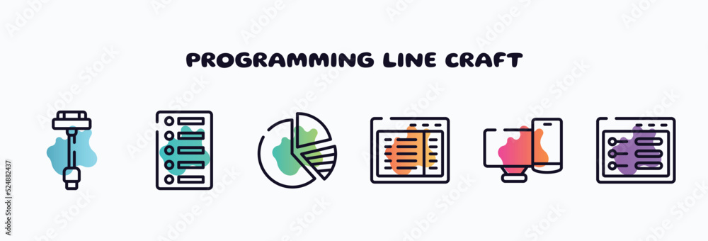Poster programming line craft outline icons set. thin line icons such as usb charger, list of options, pie 