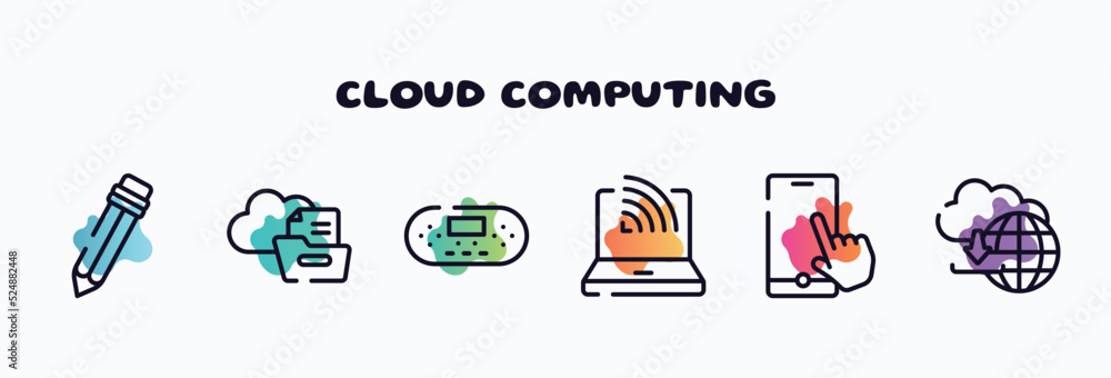 Poster cloud computing outline icons set. thin line icons such as pencil cursor, files folder on cloud, por