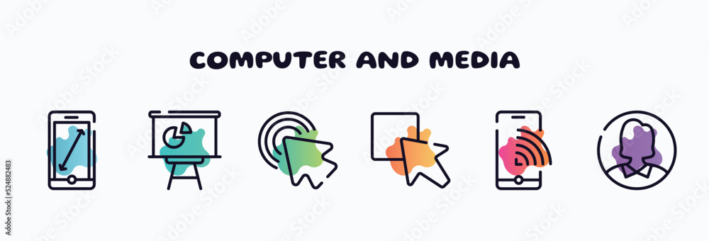 Poster computer and media outline icons set. thin line icons such as scale screen, statistics presentation,