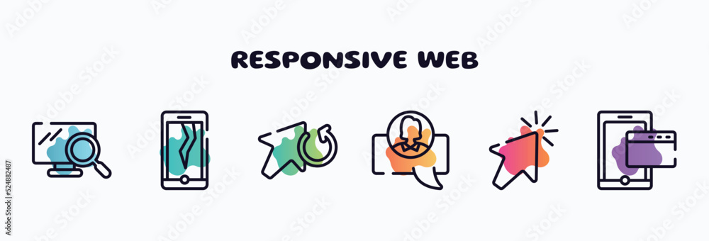 Poster responsive web outline icons set. thin line icons such as pc search, cracked screen, update arrow, c