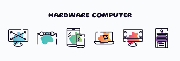 hardware computer outline icons set. thin line icons such as expand screen, resistance, responsive devices, laptop with arrow, expand corners, system unit icon collection. can be used web and