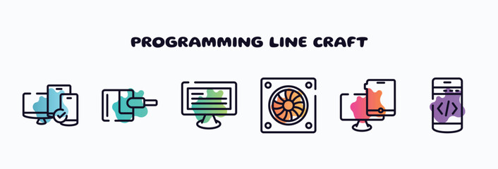 programming line craft outline icons set. thin line icons such as tablet smartphone computer checked, power adapter, monitor with text, computer fan, monitor and tablet, mobile programming icon