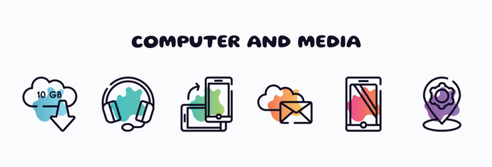 computer and media outline icons set. thin line icons such as null, heads with microphone, turning phone, internet mail, monitor tablet and smartohone, location tings icon collection. can be used