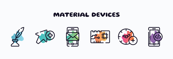 Obraz premium material devices outline icons set. thin line icons such as quill and ink, add, smartphone with message, printed circuit, add time, phone code icon collection. can be used web and mobile.
