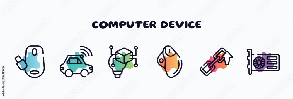 Poster computer device outline icons set. thin line icons such as wireless mouse, autonomous car, invention