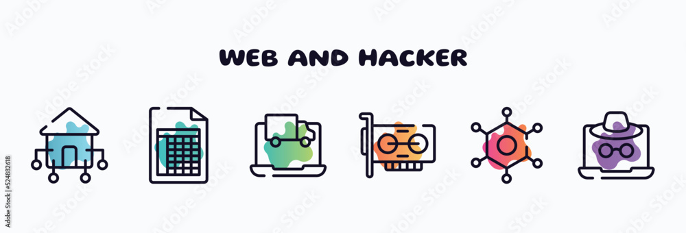Poster web and hacker outline icons set. thin line icons such as domotics, spreadsheet, on, adapter, nanote