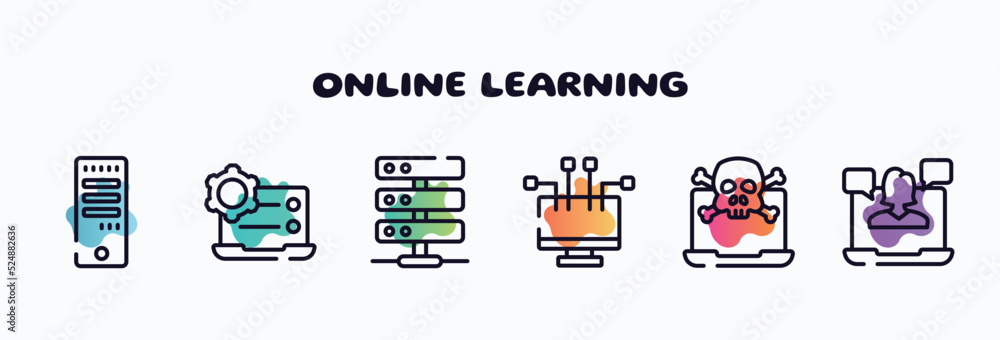 Poster online learning outline icons set. thin line icons such as computer tower, preferences, hosting serv