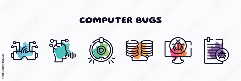Poster computer bugs outline icons set. thin line icons such as vr goggles, voice recognition, robot vacuum